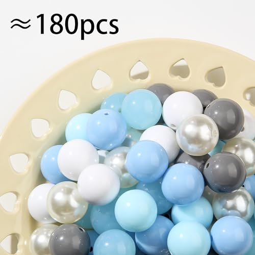 20mm Acrylic Beads 180pcs Winter Color Chunk Bubblegum Bead Blue&White Snow Style Beadable Pen Beads for Pen Bag Jewelry Making Necklace Bracelets (Blue&White&Gray) - color: blue&white&gray