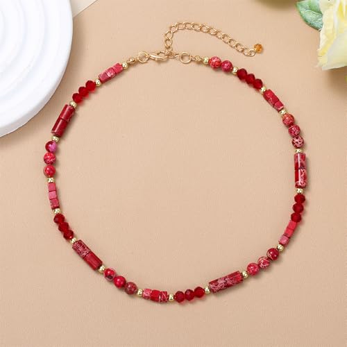 Elisheva Natural Stone Choker Necklace for Women, Boho Natural Emperor Jasper Stone Lace Agate Beaded Crystal Necklace, Gemstone Jewelry Gift for Her - style: red emperor stone choker