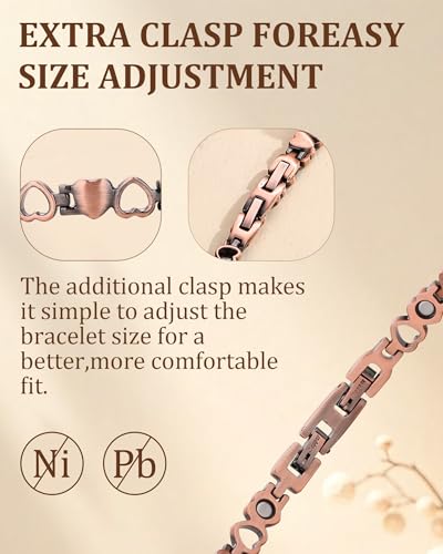 99.99% Pure Copper Magnetic Bracelet for Women, Heart Wire Design Adjustable Jewelry with 3800 Gauss Magnets, Elegant Gift Box - color: Copper Heart