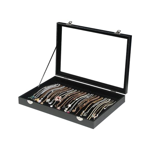 Coward 20 Hooks Necklace Organizer Jewelry Box, Dustproof Necklace Display Holder Case, Black Velvet Necklace Display Tray Case with Transparent Glass Lid for Home Use or Store Selling Show - color: Black Velvet, size: Necklace Box
