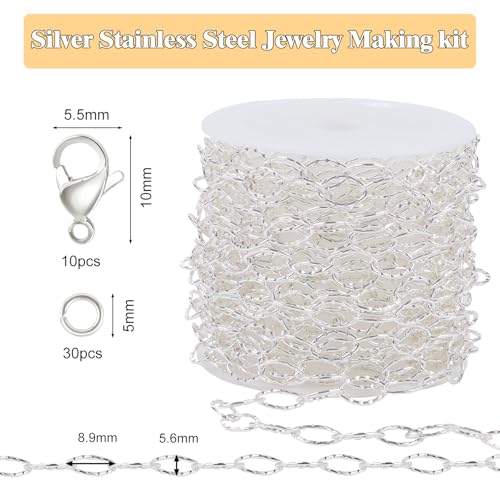 GTVOODX 16.4 Feet Silver Plated Stainless Steel Chains for Jewelry Making Textured Cable Link Chain Roll for DIY Women Jewelry Making Supplies with Lobster Clasps Jump Rings - color: Silver Textured Chains
