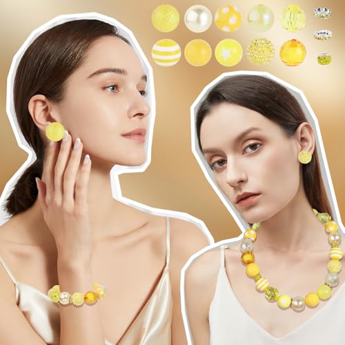 35 Pcs Chunky Bubblegum Beads 20mm Focal Pen Large Rhinestone Pearl Bead with Rhinestone Large Hole European Spacer Bead for DIY Beadable Pen Jewelry Making Keychain Craft Making(Yellow) - color: Yellow