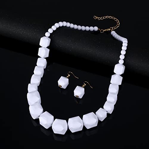 Halawly White Beads Necklace, Acrylic Costume Jewelry for Women Chunky Statement Strand Necklaces with Bracelet Dangle Earrings, Big African Beaded Necklace - color: White Long