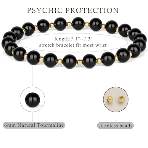 QOGIR 14k gold Handmade Healing Bracelet, Natural Gem Stone Crystal Elastic Gold Bracelet - color: Black Tourmaline - Psychic Protection, size: 6m
