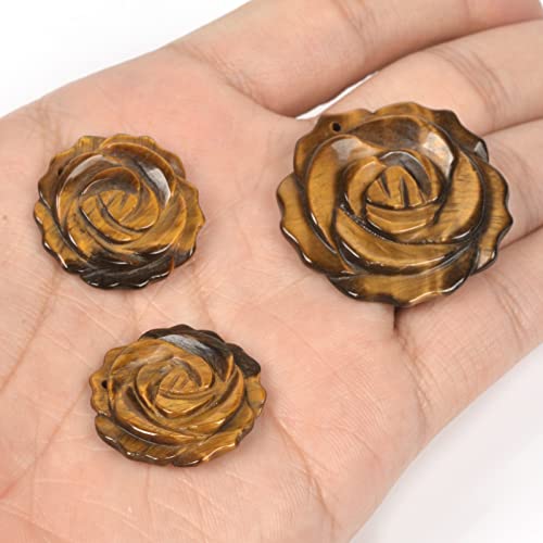 Justinstones 3pcs Carved Gemstone Flower Pendant Earrings Beads Set For Jewelry Making DIY 1.3 Inch & 1 Inch - color: Yellow Tiger Eye