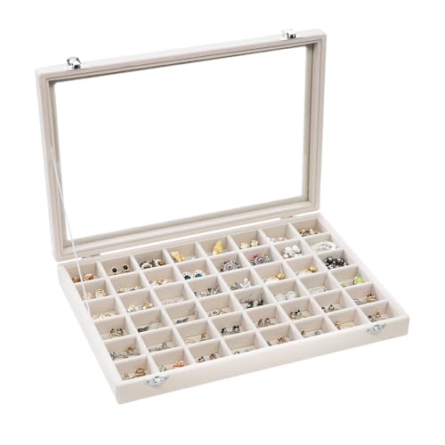 Stratalife Jewelry Organizer 48 Grid Jewelry Trays with Dust-proof Lid Velvet Earring Organizer Ring Holder Accessories Box Necklaces Earrings Storage for Women Drawers Cream - color: Beige, size: 48 Grid