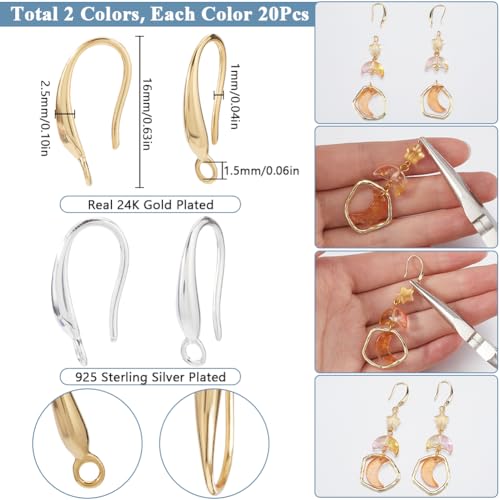 SUNNYCLUE 1 Box 40Pcs Fish Hook Earring Wires Dangle Earring Findings with Loops Real 24K Gold Plated Brass French 925 Sterling Silver Plated Earring Hooks for Jewelry Making Earrings DIY Crafting - style: Teardrop 3