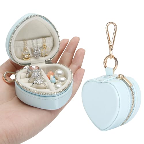 KUKUVR Mini Heart Jewelry Box with Keychain, Portable Travel Jewelry Organizer Case for Rings Earrings Necklaces, Small Gift for Women Travel Gym Daily Use (Blue) - color: Blue