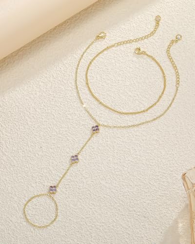 Gold Hand Chain Bracelets for Women Trendy Dainty Birthstone Clover Charm Ring Bracelet Hand Chain Set Non Tarnish 14K Gold Plated Stackable Finger Bracelets for Women Birthday Jewelry Gifts - color: 06. June(Alexandrite)