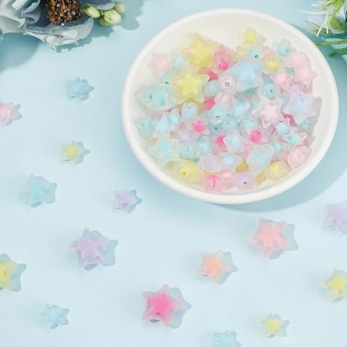 1 Box 300pcs Acrylic Frosted Star Beads Transparent Double Stars Shaped Pony Clear Matte Mixed Color Loose Spacer Bead Charm Bulk for Jewelry Making Bracelets Necklace DIY Craft Supply