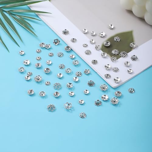 360 Pcs Flower Spacer Beads, 10 Styles Bead Caps Alloy Floral Metal End Cap Silver Vintage Spacers Jewelry Spacers for DIY Bracelet Necklace Earrings Jewelry Making