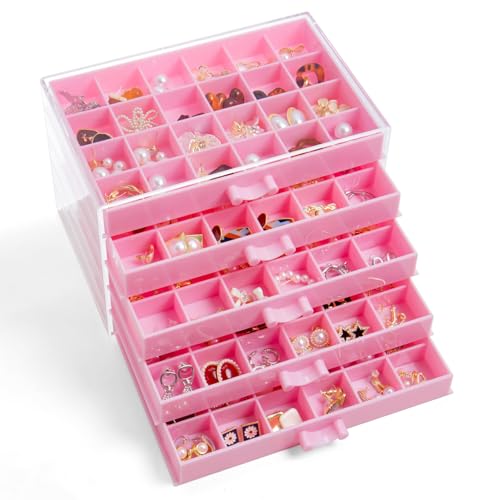 YUFONG Earring Storage Box Organizer, Acrylic Jewelry Storage Box Holder 5 Drawers Transparent Jewelry Display Stand with 120 Small Compartments Gift Boxes for Women Girls (Pink) - color: Pink
