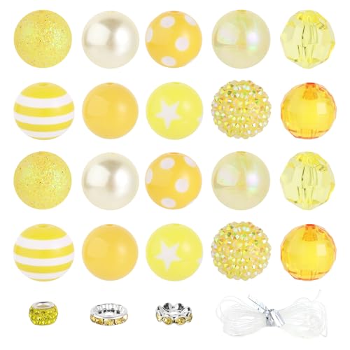 35 Pcs Chunky Bubblegum Beads 20mm Focal Pen Large Rhinestone Pearl Bead with Rhinestone Large Hole European Spacer Bead for DIY Beadable Pen Jewelry Making Keychain Craft Making(Yellow) - color: Yellow