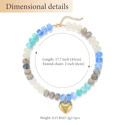 Chunky Heart Necklace for Women, Colorful Acrylic Beaded Statement Puff Heart Necklace, Cute Boho Y2K Choker Necklace for Gift Jewelry - color: Gray-blue