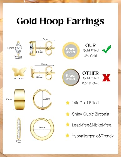 ORAZIO Small Gold Hoop Earrings for Women Hypoallergenic 14K Gold Plated Chunky Huggie Earring Sets for Multiple Piercing Dainty Earing Stacks Set Cute Silver Cartilage Jewelry Trendy Gifts - style: 14K Gold Plated-Butterfly