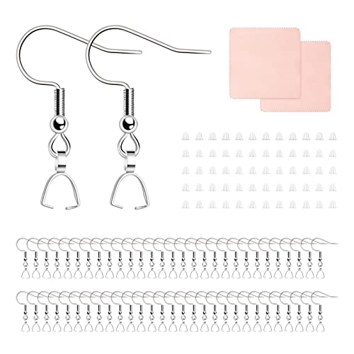 Stainless Steel Hypoallergenic Earring Hooks, 100 Pieces Earrings Making Kit, Earring Hooks with Pendant Clasp, Silicone Ear Backs and Polishing Cloth for Earrings Making DIY (Silver) (100)
