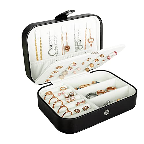 Hatori Travel Jewelry Box, PU Leather Small Jewelry Organizer for Women Girls, Portable Mini Travel Case Display Storage Holder Boxes for Stud Earrings, Rings, Necklaces, Bracelets. - color: Black