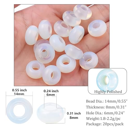 20Pcs Natural White Opalite Large Hole Beads, 8x14mm Rondelle Gemstone Spacer Beads 6mm Big Hole for Jewelry Making, Beading Bracelets, Macrame & Hair Braiding - color: White Opalite