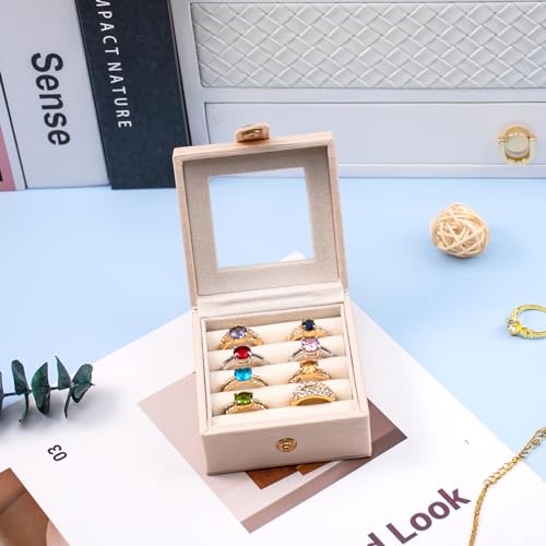 Small Leather Jewelry Box with Glass Top Mini Ring Display Case with 8 Slots for Selling Gift for Girls and Women (Pearl White) - color: PearlWhite