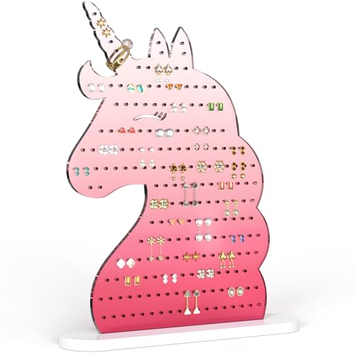 NiHome Acrylic Unicorn Earring Holder with 214 Holes for 80–107 Pairs, Smiling Unicorn Jewelry Display Stand for Teens and Women, Stud & Dangle Earring Organizer with Anti-Slip Pads (Gradient Pink) - color: Gradient Pink