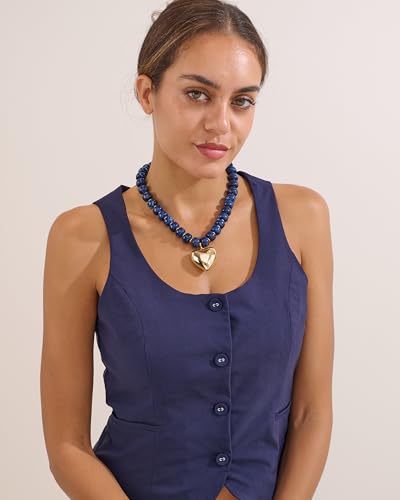 Gold Heart Pendant Necklaces for Women Colorful Acrylic Resin Beaded Choker Necklace Fashion Chunky Statement Beaded Heart Necklace - color: Blue