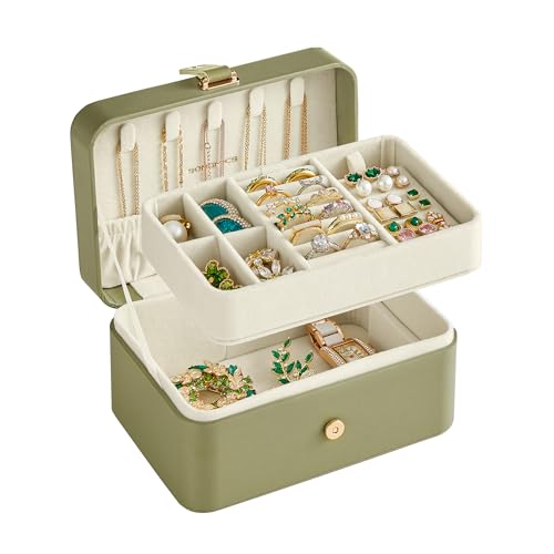 SONGMICS Jewelry Organizer Box, Travel Jewelry Case, 2-Layer Travel Case for Earrings, Necklaces, Bracelets - Portable Jewelry Storage with Large Capacity, Gift Idea, Laurel Green UJBC166C02 - color: Laurel Green