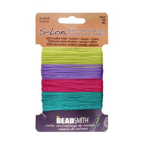 The Beadsmith S-Lon Bead Cord – .5 mm Twisted Nylon Cord for Stringing, TEX210, Brights Mix, 4 Colors, 10 Yards Each Color - color: Brights