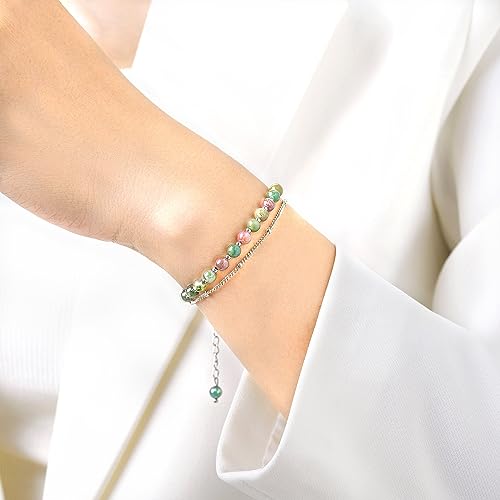 Peridot Stand Silver Gold Bracelets, Handmade Birthstone Stack Bracelet Crystal Gemstones Bead Chain Gift for Women, 8" - color: Color Agate