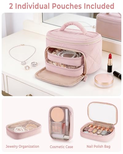Jewelry Travel Case with 2 Clear Pouches, 2-Layer Jewelry Organizer Storage Bag for Necklaces, Earrings, Rings, Bracelets, Pink(Empty Bag) - color: Pink