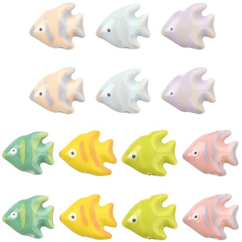 14 pcs Mixed Colors Tropical Fish Theme Porcelain Ceramic Beads Ocean Sea Animal Beads for DIY Jewelry Necklace Bracelet Earring Keychain Craft Decor - color: Tropical Fish Beads-14 pcs