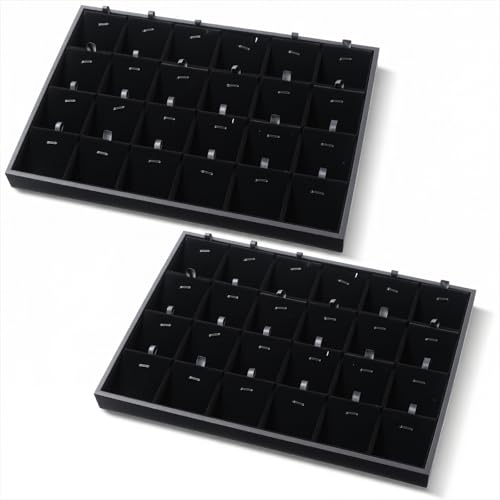 2-Pack 24 Grids Stackable Jewelry Tray Organizers with Removable Dividers – Velvet-Lined Display Trays for Earrings, Necklaces, Bracelets, Rings – Black
