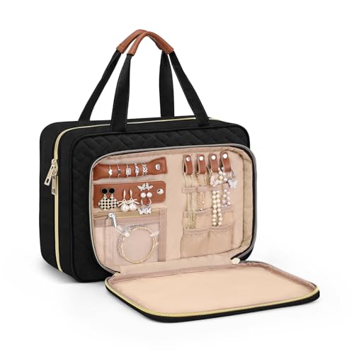 Wedama Toiletry Bag for Women, Hanging Travel Toiletry Bag with Jewelry Organizer Compartment Medium Makeup Bag, PVC Waterproof Cosmetic Travel Bag Trips Camping Bathroom, Black+Brown - color: Black, size: Medium, style: With Jewelry Organizer Compartment