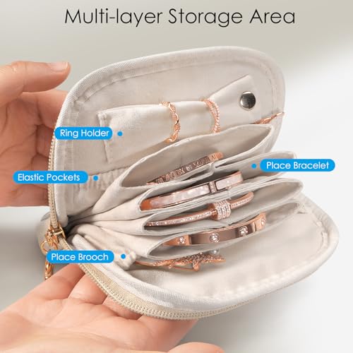 SITHON Small Travel Jewelry Case with Ring Holder, Mini Velvet Jewelry Pouch Bags, Compact Storage Organizer for Bracelet Necklaces Earrings Travel Essentials, Mother’s Day Gifts (Cream White) - color: Cream White