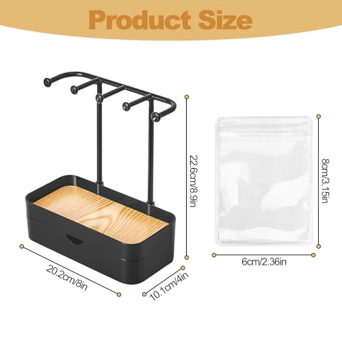WCHOSOZH Jewelry Organizer Stand, 2-Tier Necklaces Holder with Wooden Tray and 5 Storage Hooks, Earring Holder with 5 Pcs Jewelry Bags for Bracelet,Chains,Rings,Earrings,Keys Watches (Black) - color: Upgraded Black