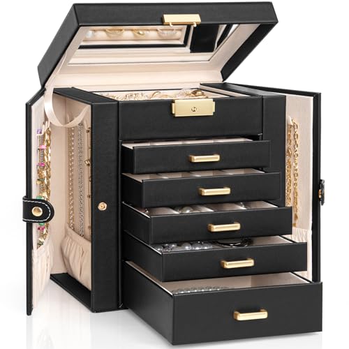 AKOZLIN Large 6-Tier Jewelry Box Lockable Leather Jewelry Storage Case with 5 Drawers for Women Girls Ring Necklace Earring Bracelet Holder Organizer with Mirror - color: Black-gold, size: Large-6 Layer