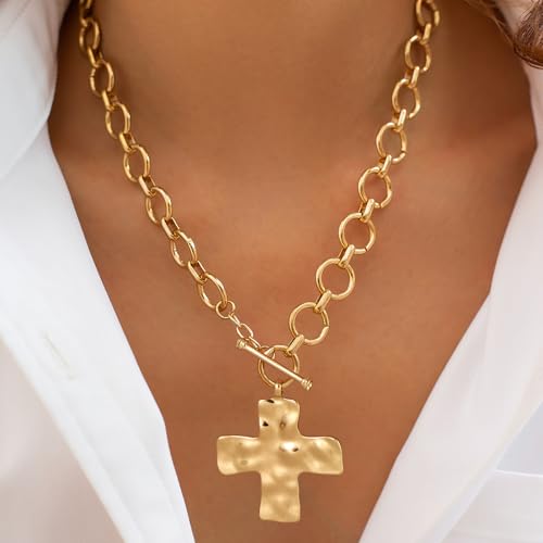 CHESKY 14K Gold Plated Chunky Necklace for Women, Trendy Paperclip Chain Necklace Thick Cross Heart Pendant Necklace Layered Herringbone Cuban Link Chain Toggle Necklaces Non Tarnish Jewelry - color: gold, style: cross