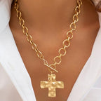 CHESKY 14K Gold Plated Chunky Necklace for Women, Trendy Paperclip Chain Necklace Thick Cross Heart Pendant Necklace Layered Herringbone Cuban Link Chain Toggle Necklaces Non Tarnish Jewelry - color: gold, style: cross