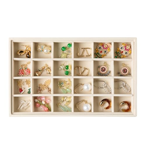 Frebeauty 24 Grid Earring Holder Organizer Tray, Jewelry Organizers and Storage for Drawer,Velvet Jewelry Display Storage for Earrings,Rings,Studs,10.5 x 6.5 x 1.2 Inches Gift for Women (Beige) - color: Beige, size: Set1