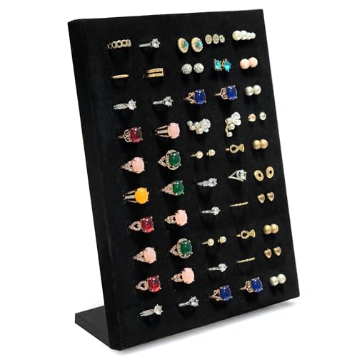Homeanda Ring Display Tray - 50 Slot L-Shaped Velvet Jewelry Display for Earrings and Rings (Black) - style: A.L-Shaped-Black