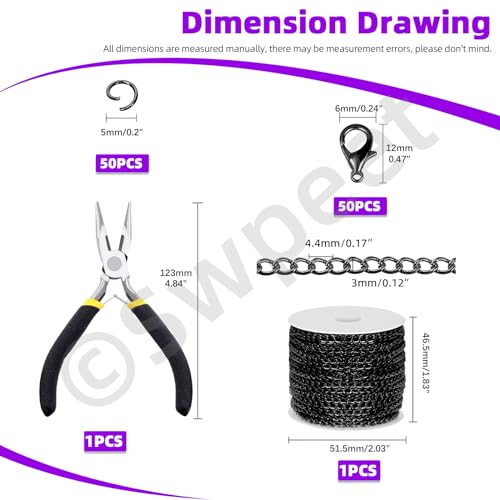 Swpeet 102Pcs Black 3mm by 10 Yard Length Jewelry Making Chains Kit with Jump Rings, Lobster Clasps and Jewelry Plier, Necklace Chains Flat Cable Link Chain Bulk Ideal for DIY Craft Jewel Making - color: Black