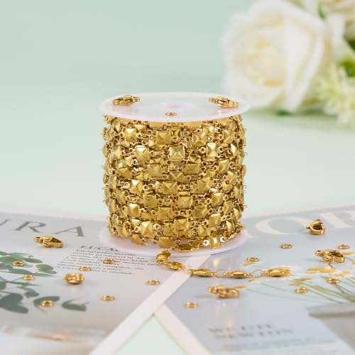 KYUNHOO 13 Feet Solid Square Links Craft Jewelry Bulk Gold Plated Necklace Chain Spool Stainless Steel Jewelry Making Chains with Lobster Clasps and Jump Rings - color: Square Gold