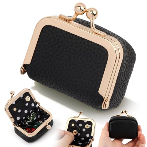 PU Leather Mini Jewelry Box, Vintage Portable Mini Jewelry Organizer with Kiss Lock, Compact Travel Case for Rings, Earrings, Necklaces - Ideal Gift for Women - color: black