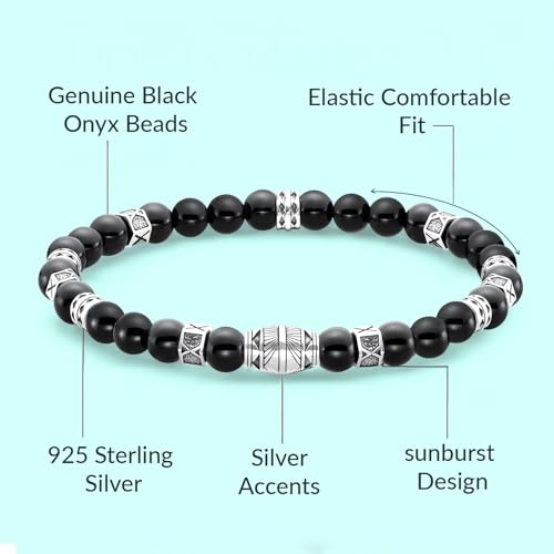 LeCalla Handmade Sterling Silver Mens Bracelets | Solid Italian 925 Chain Bracelets | Classic Designs Chain Bracelets for Men | Men's Silver Bracelet Gift for Dad, Boyfriend, Son - style: Stretchable Black Onyx Bead