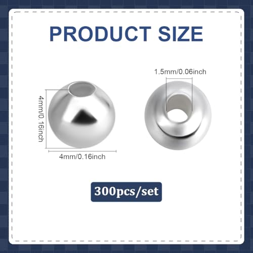 PH PandaHall 300pcs 925 Sterling Silver Plated Round Beads, 4mm Seamless Smooth Beads Waist Bead Round Ball Bead Brass Loose Spacers for Bikini Belly Chain Layered Bracelet Jewelry Making - size: 4mm