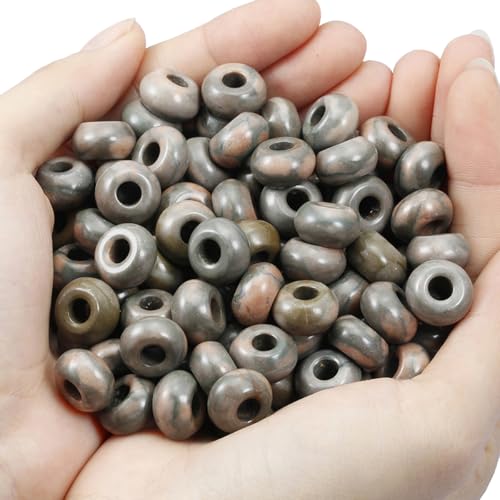 TUMBEELLUWA Natural Gemstone Beads for Jewelry Making, Rondelle Large Hole Loose Beads Pack of 15,Red Zebra Jasper(8x14mm) - color: Red & Gray