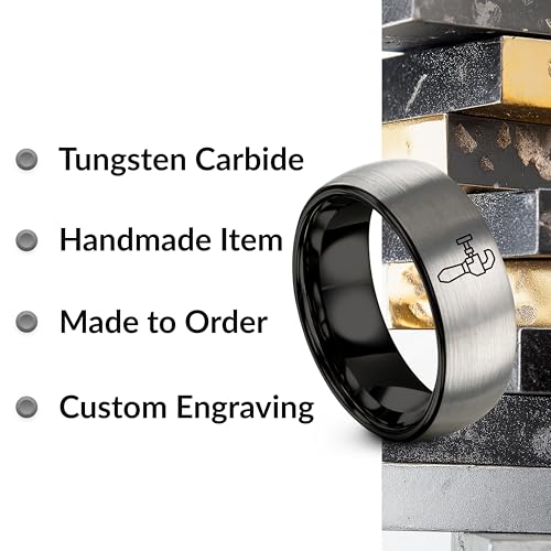 Chain Tool Ring - Gift for Cyclist - 8mm - Band - Gunmetal Black Silver - Personalized Custom Engraving - Men Women - Anniversary Engagement Wedding - Tungsten Carbide - Flat Dome Bevel - color: 02 - Black Grey Tungsten