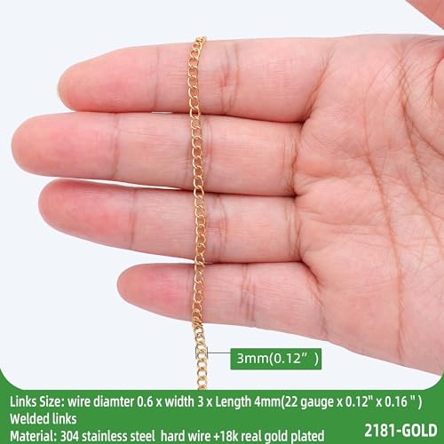 THREENEST 16.4-Feet Width 3mm Stainless Steel Gold Extander Chains, 18K Gold PVD Welded Permanent Cable Craft Tail Curb Chain for Necklace Bracelet Earring Jewelry Making - color: 18K Gold, size: Extender Chains(Width 3mm)