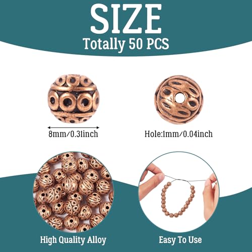 KISSITTY 50Pcs Antique Red Copper Round Iron Beads 8mm Small Hole Loose Metal Corrugated Round Bead Craft Tibetan Style Alloy Spacer Bead for DIY Jewelry Making Findings Charms Pendants