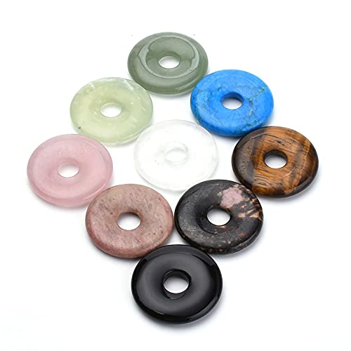 FASHEWELRY 10Pcs Natural Donut Disc Gemstone Pendants Large Hole Healing Chakra Polished Stone Flat Round Bead Charms Random Mixed Styles 30mm for Jewelry Making Hole: 8mm - color: 30mm, Mixed Colors