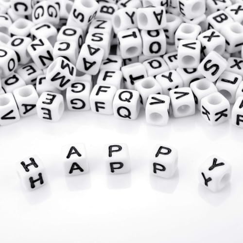 DAHI 400pcs Letter Beads 8 * 8mm Square Alphabet Bead White Cube Letter Bead A-Z Acrylic Alphabet Beads for Jewelry Making DIY (Back White 8x8mm) - color: black white 8x8mm